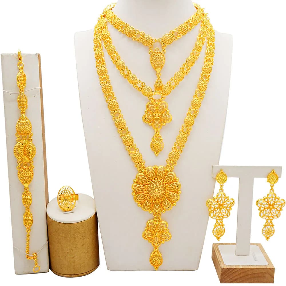 Nuovo Set di Gioielli Europei Stile Dubai Placcati in Oro 24K, Collana, Orecchini e Bracciali, Elegante Set per Fidanzamento e Feste per Coppie