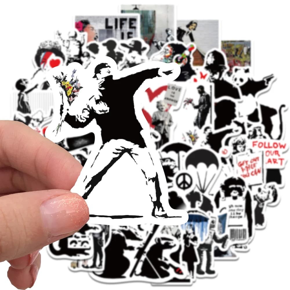 67 pezzi Banksy Sculture Adesivi per lanciatore di fiori Cool Street Art Graffiti Decalcomanie per bagagli Laptop Skateboard Telefono Bicicletta