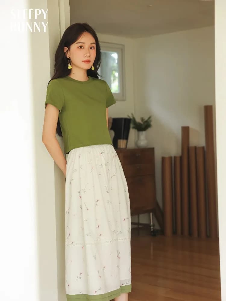 Gonna longuette a trapezio a vita alta Donna Estate Design patchwork floreale bianco Gonna elastica in vita dimagrante Petite Look casual ed elegante