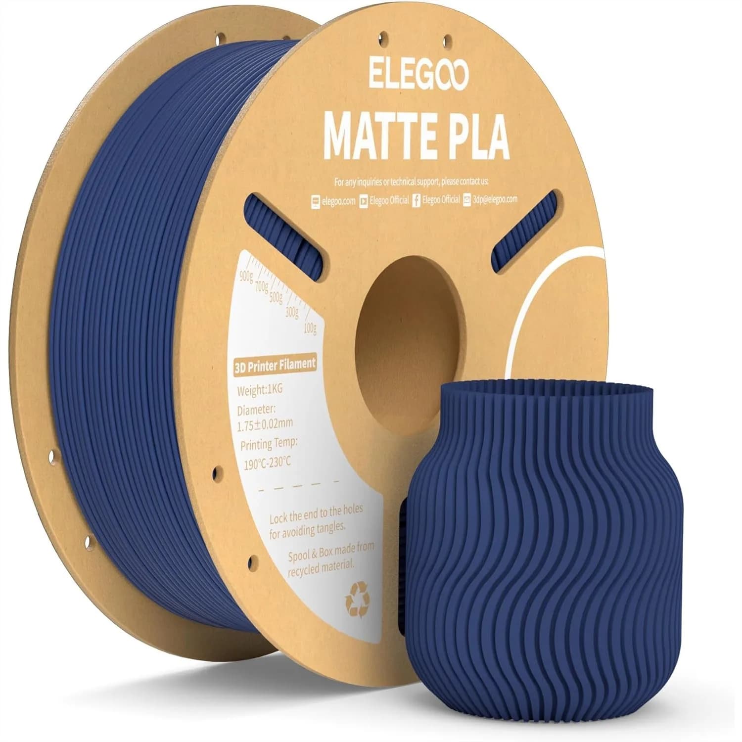 Filamento PLA Opaco 1.75mm Blu Navy 1kg Bobina in Cartone 2.2lbs Precisione Dimensionale +/- 0.02mm per Stampanti 3D FDM