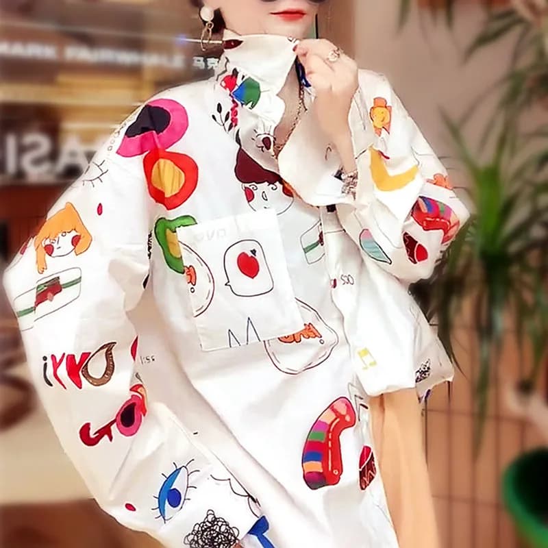 New Loose Shirt Women Turn-Down Cartoon Cute Print Long Sleeve Blouse Casual Feminina Blouses Women Shirts For Young Lady NZ213