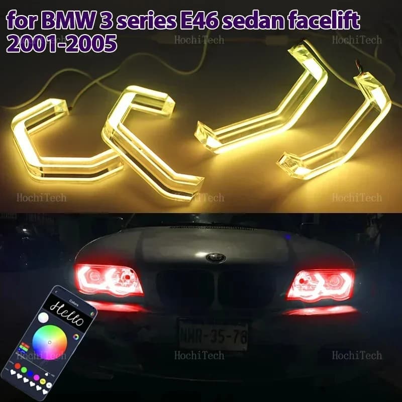 Anelli LED RGB colorati Angel Eyes stile M4 con controllo tramite APP, luci diurne DRL per fari auto BMW Serie 3 E46 berlina facelift 2001-2005