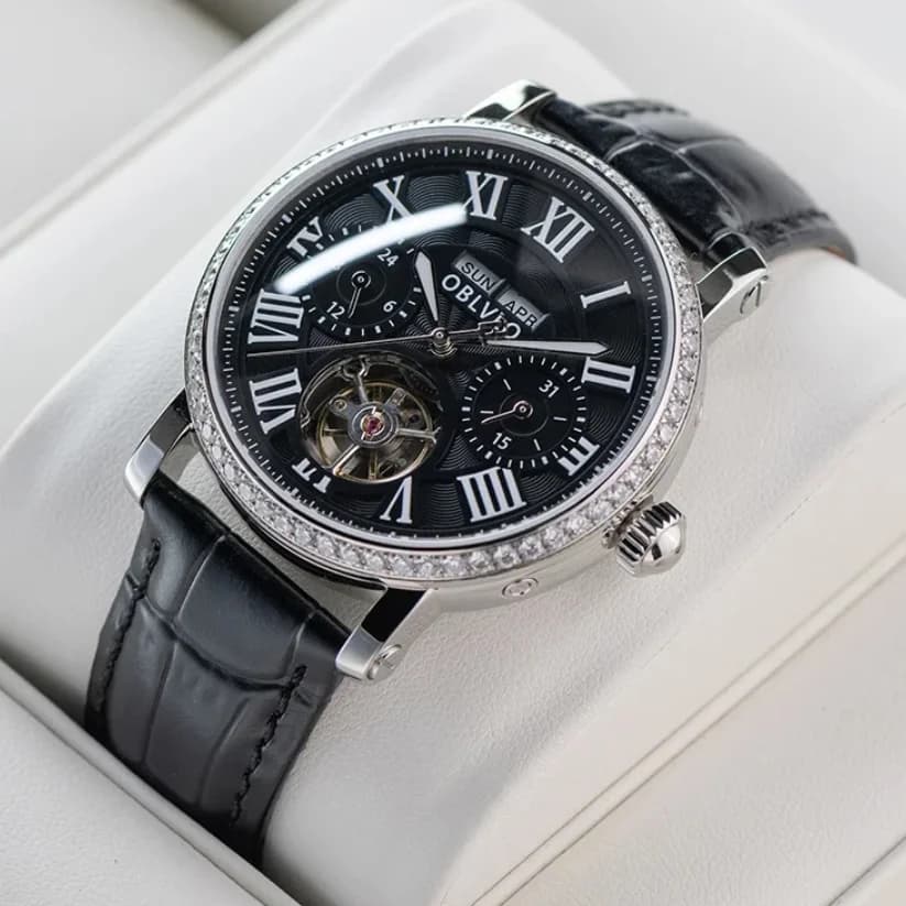 Oblvlo Men Automatic Watch 42mm Mechanical Wristwatch Luminous Skeleton Sapphire Multi-Dial Month,Week,Date,24 Hours