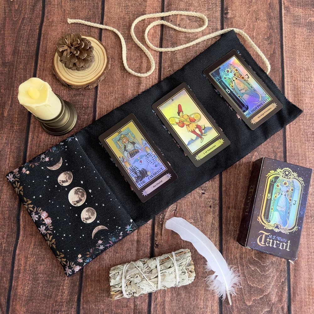 Custodia per carte dei tarocchi con fasi lunari Borsa portaoggetti floreale con luna celeste Tovaglia per stelle di divinazione e custodia per carte dei tarocchi