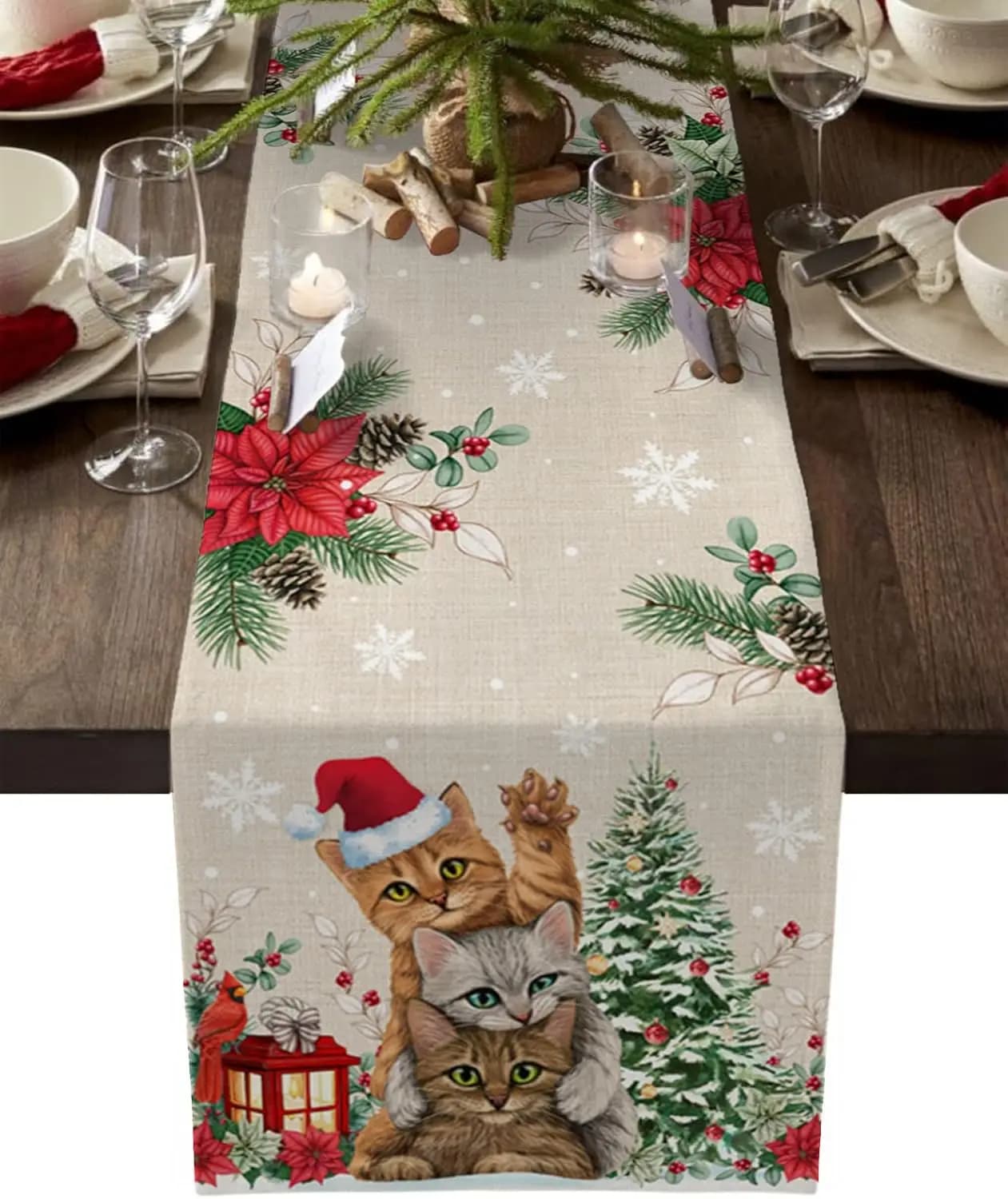 Natale gatto Poinsettia fiocco di neve lino Runner vestito sciarpe inverno albero di natale cucina Runner Navidad decorazioni