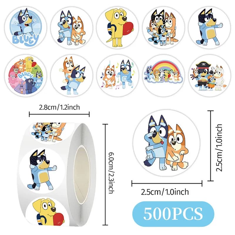 500 Pezzi/Rotolo Adesivi Sigillanti Cartoon Bluey Family, Decalcomanie in PVC Fai-da-Te per Laptop, Decorazioni, Adesivi Regalo