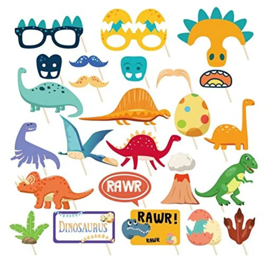 25Pcs Dinosaur Photo Booth Props with Stick, Dino Theme Selfie Props, Jurassic Birthday Party Supplies, T-Rex Photography Backd