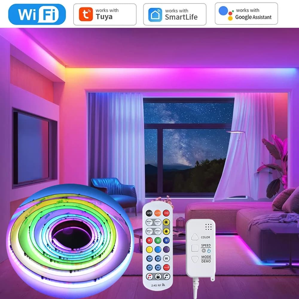 Striscia LED RGBIC COB WiFi Tuya con sincronizzazione musicale, 12V, 5m/10m, effetto luce a cascata, per feste, con telecomando RF, compatibile con Alexa e Google Home