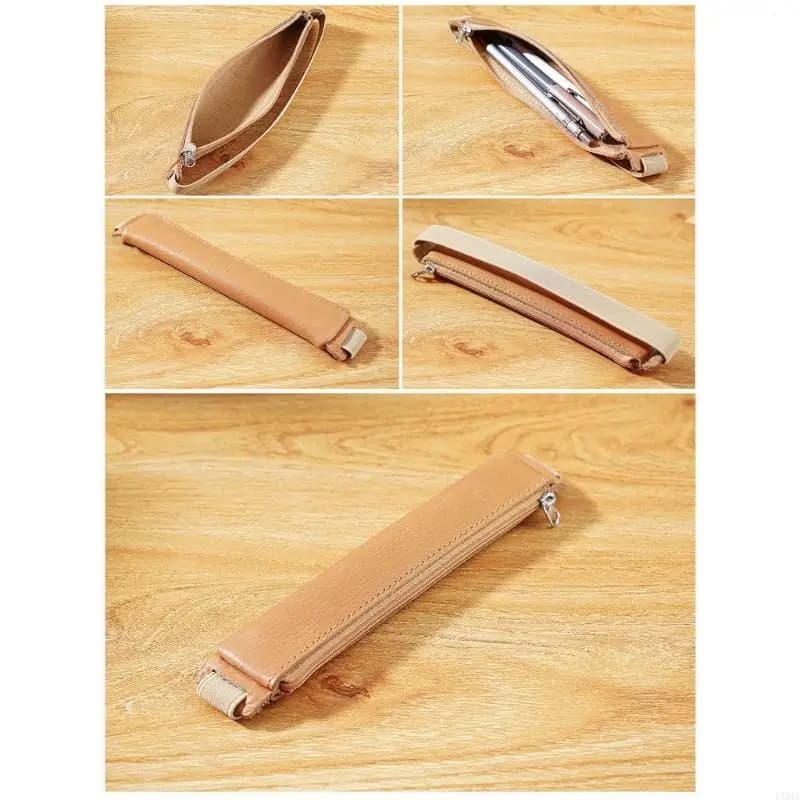 CORA Leather Pen Sleeve Adjustable Elastic Band Pencil Case Zippered Closure for Tablet Hardcover Journal Notebook
