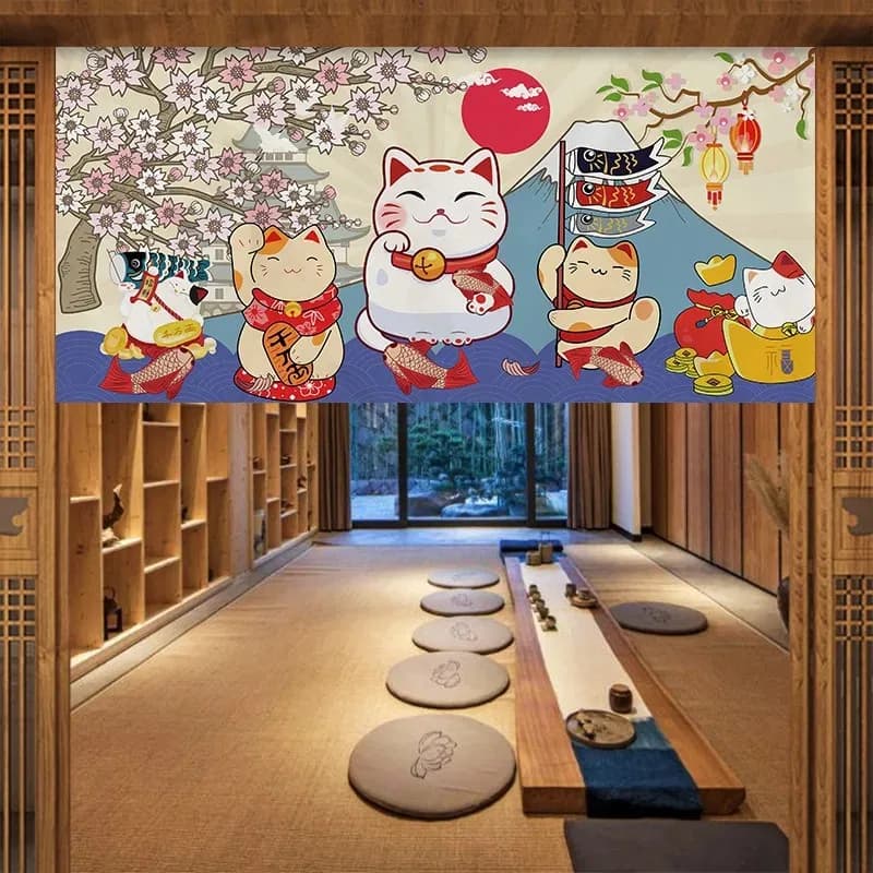 VIKAMA Tomato Cat Print Privacy Curtain No Drill Magic Tape Partition Divider for Kids Room Kitchen Living Room Home Decor