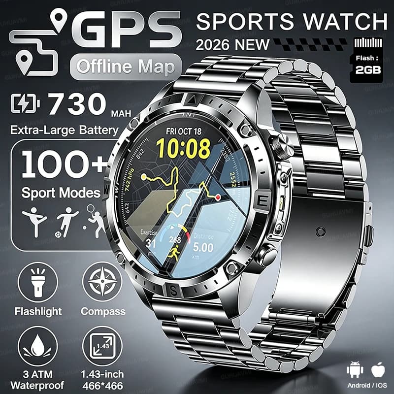 T-Rex3 Pro Nuovo Smartwatch GPS con Navigazione Mappe, Bussola, Torcia LED, Batteria 730mAh, Impermeabile 3ATM, Chiamate, Orologio Sportivo da Uomo
