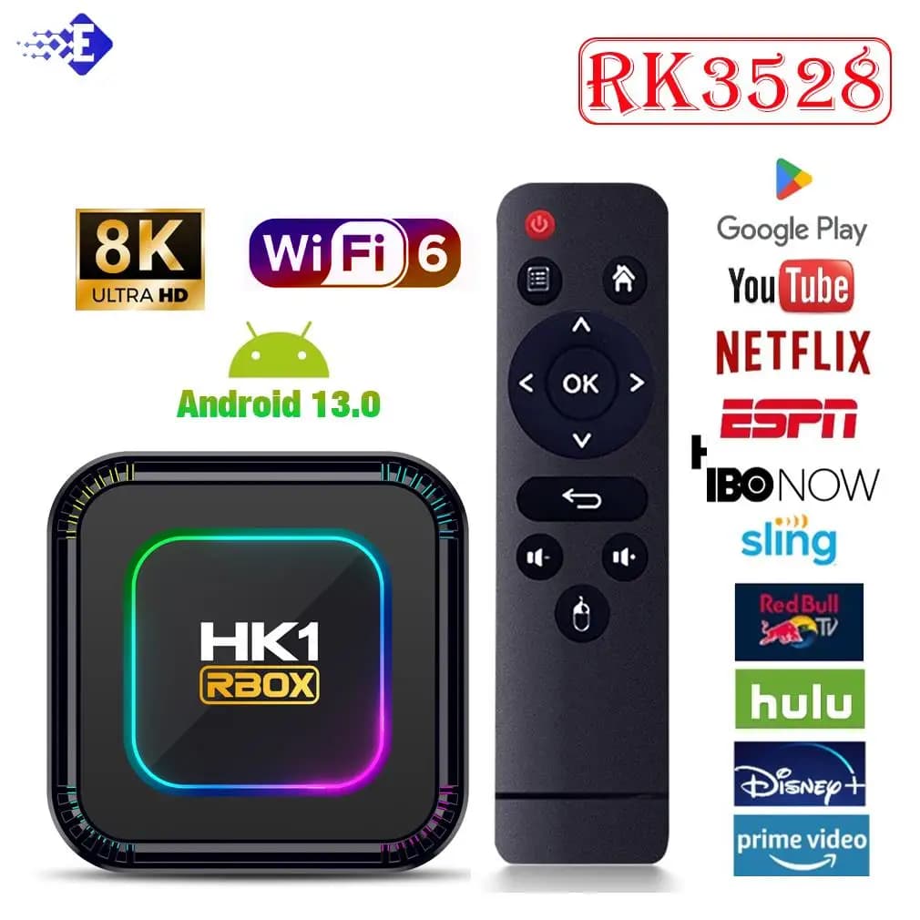 TV Box Android HK1 RBOX K8 Android 13 Luce RGB 4GB 128GB RK3528 WiFi6 Dual Wifi6 Youtube Netflix 8K Lettore multimediale Ricevere TV