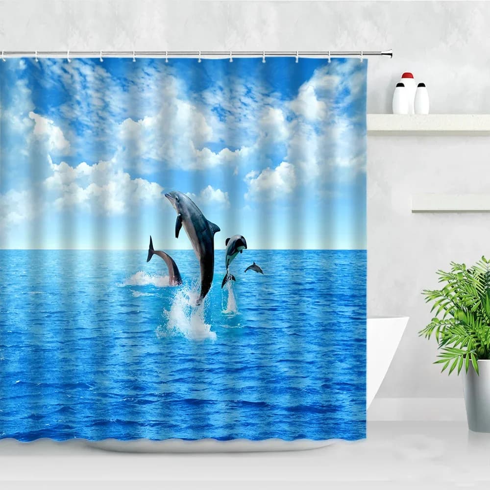 Tenda da doccia Blue Ocean Dolphins, tende da bagno moderne in tessuto impermeabile con animali marini, decorazione per vasca da bagno con ganci