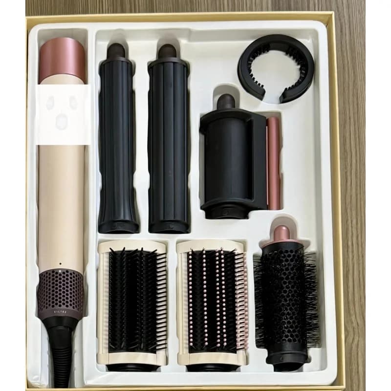 Nuovo kit di styling 7 in 1 multifunzione con asciugacapelli, ferro arricciacapelli, piastra e spazzola ad aria calda per risultati da salone a casa.