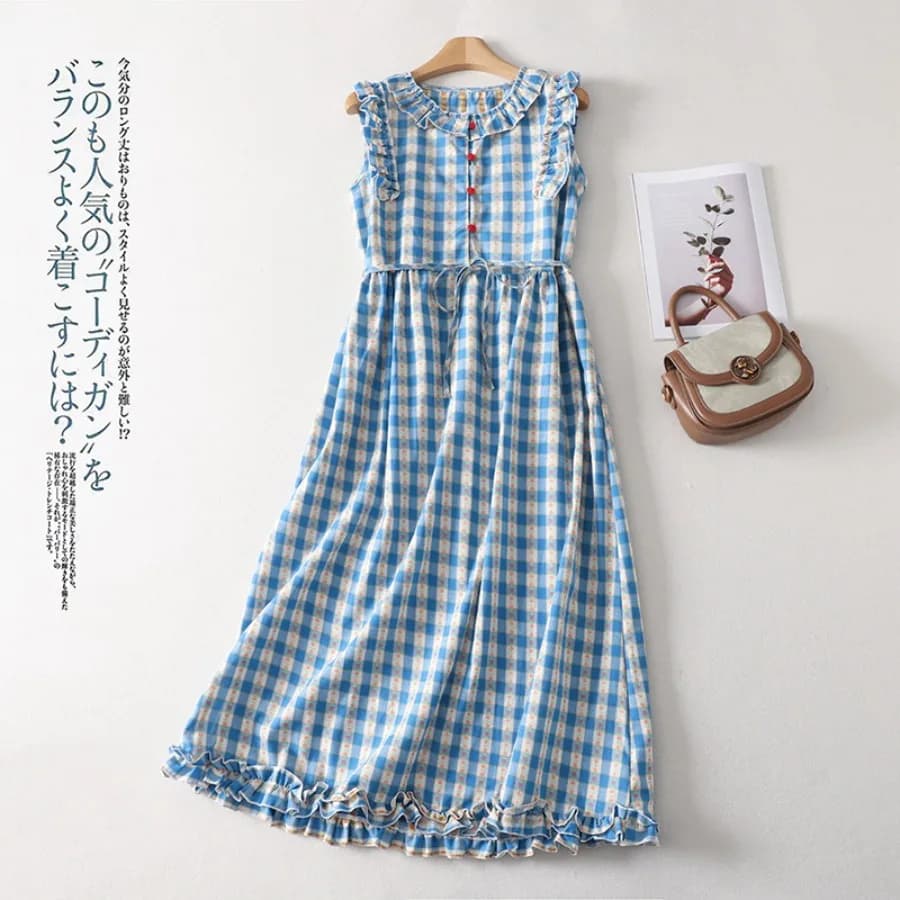 【New style】2026 summer high-waisted sleeveless plaid dress loose commuting style suede long dress casual vacation style female