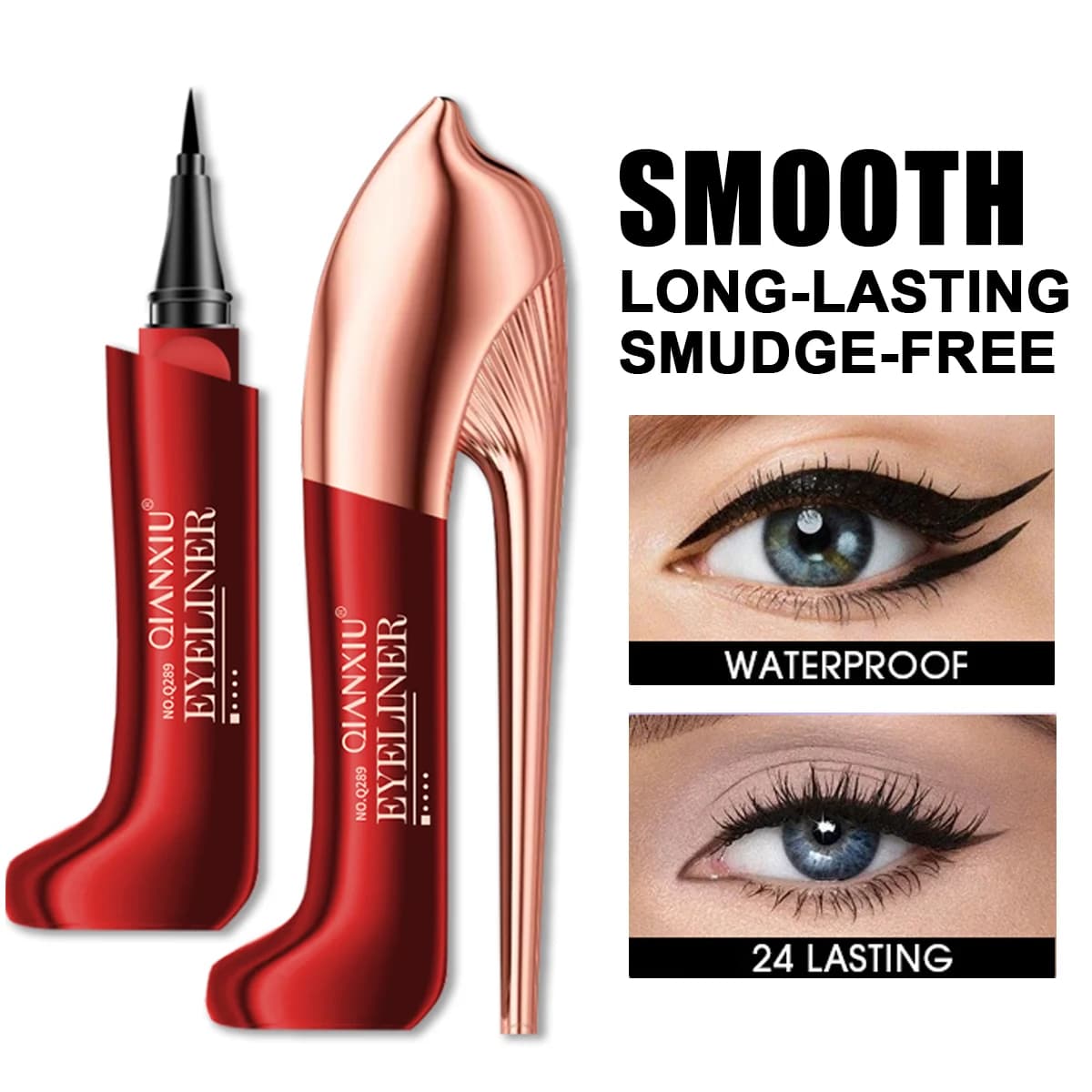 The heel shoes are provided with a black eyeliner pen, which are waterproof, sweat-resistant and does not drool the eyeliner.
