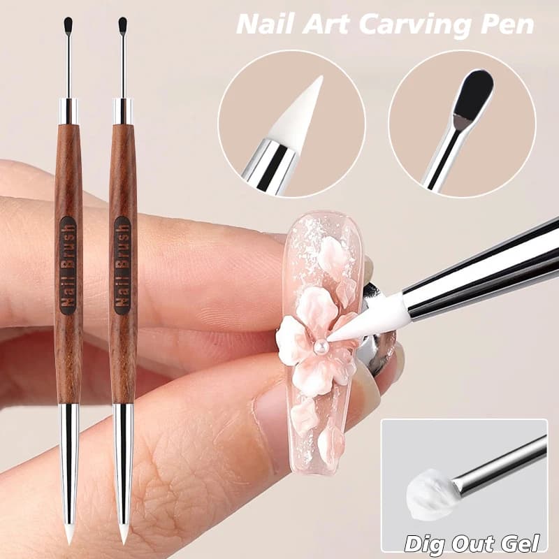Penna per Nail Art in Silicone, Pennello 3D per Decorazione Unghie, Doppia Punta con Manico in Legno, per Modellare e Disegnare con Gel Polish