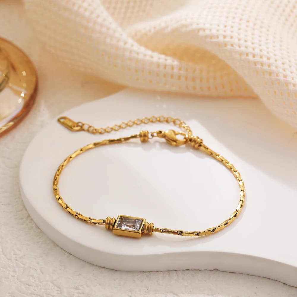 Punk Fine Snake Chain Square Crystal Zircon Bracelet Adjustable Waterproof Stainless Steel Women Bangle Gold Plated Jewelry New
