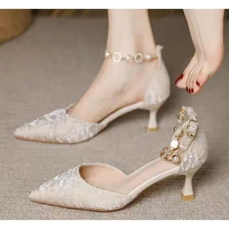 Wedding shoes for parties with high heel in silver champagne with embossed buckle and luxury sequins with new fashion women's tip