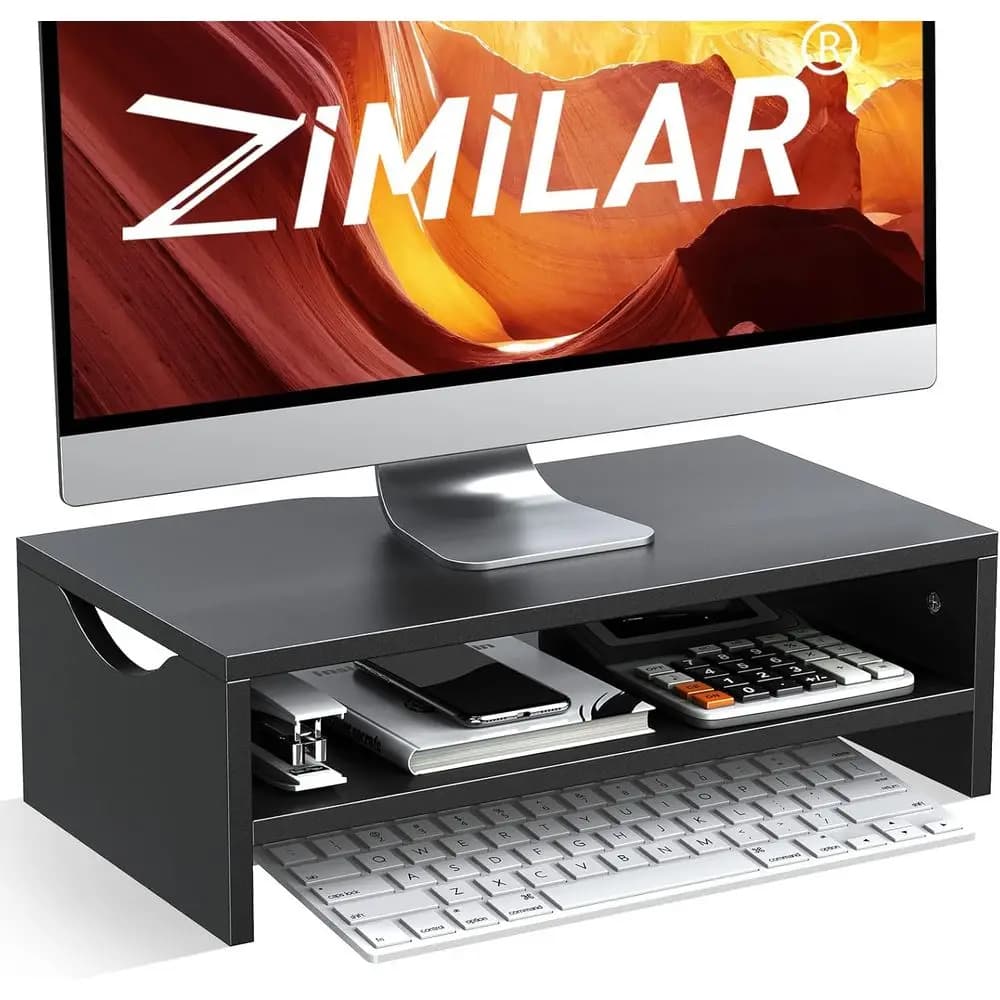 2-Tier Wooden Laptop & Monitor Stand with Storage Organizer for Home Office