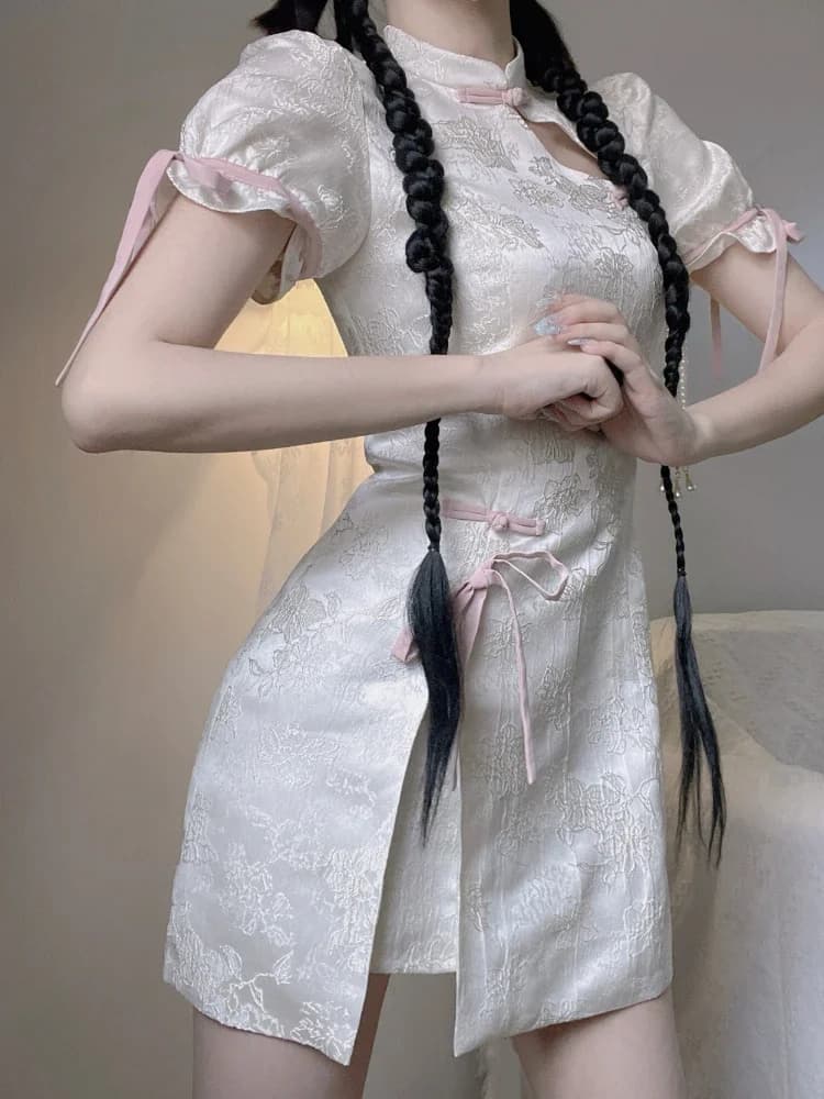 Abito Cheongsam Dolce Stile Harajuku per Donne, Vestito Floreale con Fiocco e Lacci, Abiti Lolita Y2k, Maniche a Sbuffo, Abbigliamento Sexy per Feste per Adulti