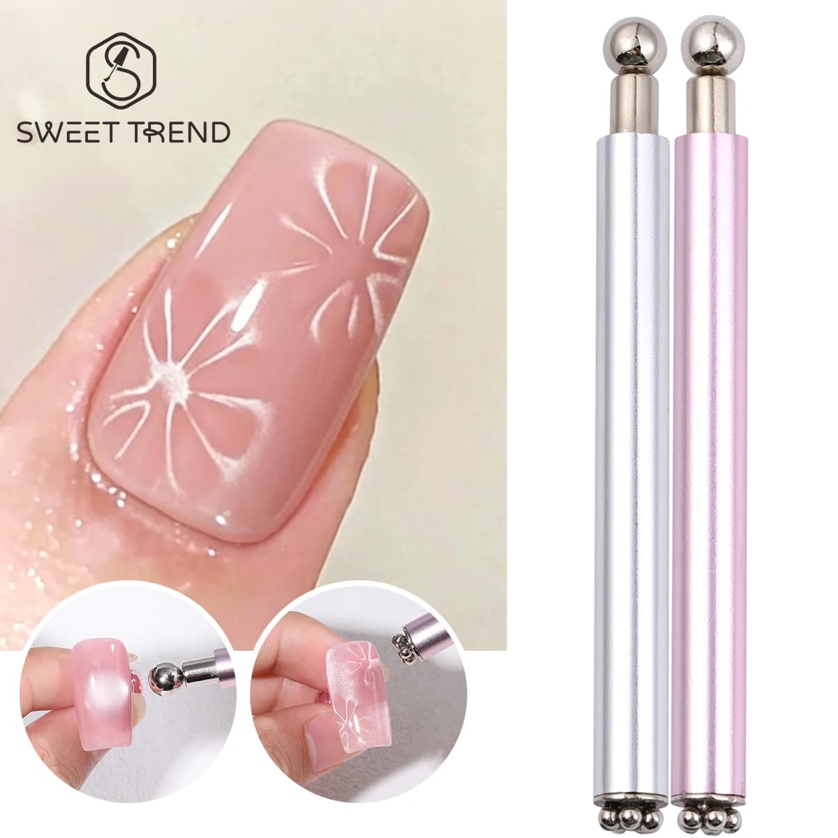 3 In 1 Flower Round Cat's Eye Nail Magnetic Pen Dual-Ended Adjustable Round Ball Magnet Stick Auxiliary Creative Manicure Tools