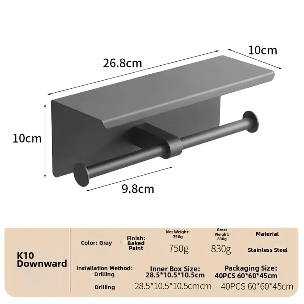 Stainless Steel Matte Black Toilet Paper Holder Wall Mounted with Shelf and Two Roll Bars for Home or Commercial Use