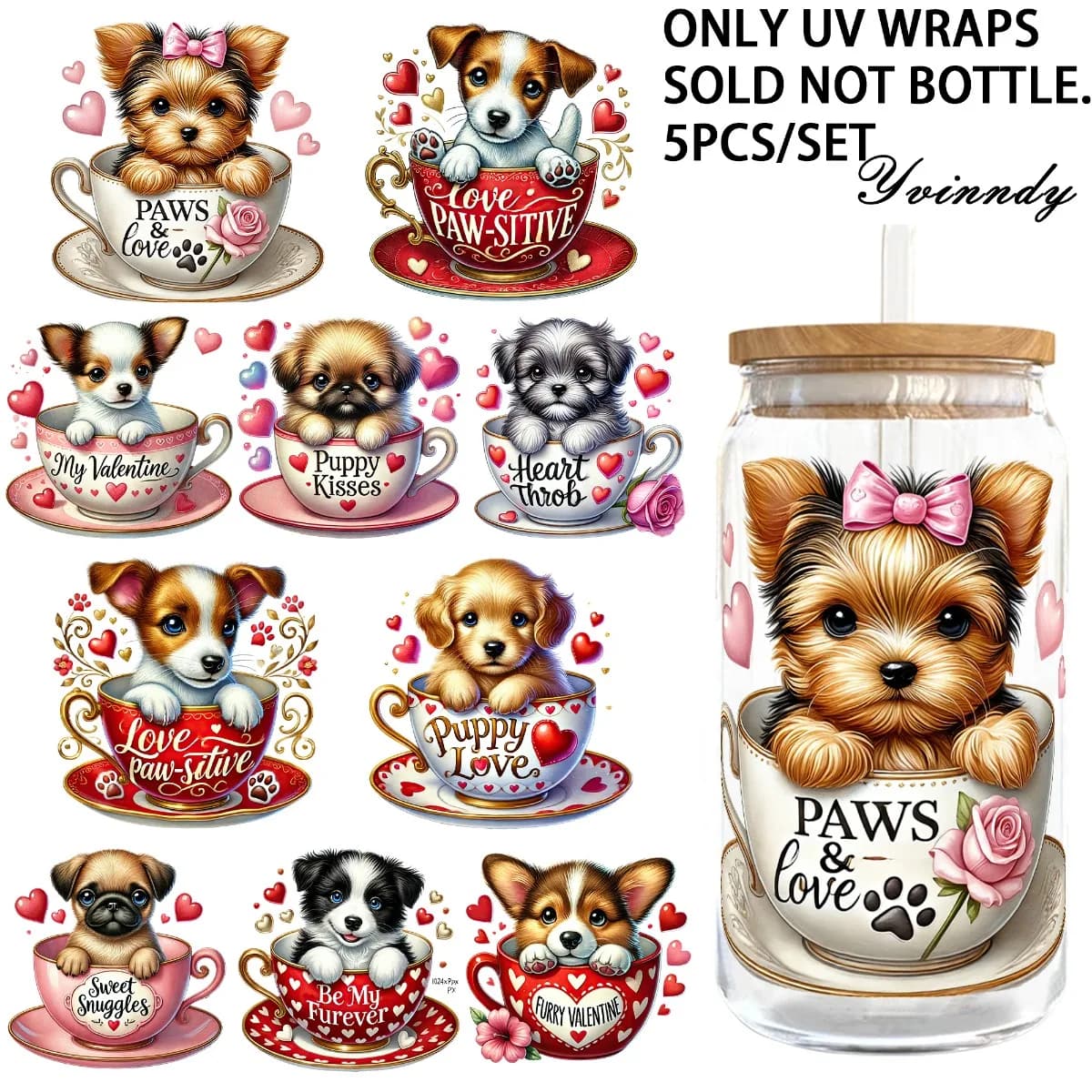 5 Pz/set San Valentino Cucciolo 16OZ Vaso di Vetro Carta di Trasferimento UV DTF Alta Carta di Trasferimento Autoadesiva Adatta Per Decorare Tazze