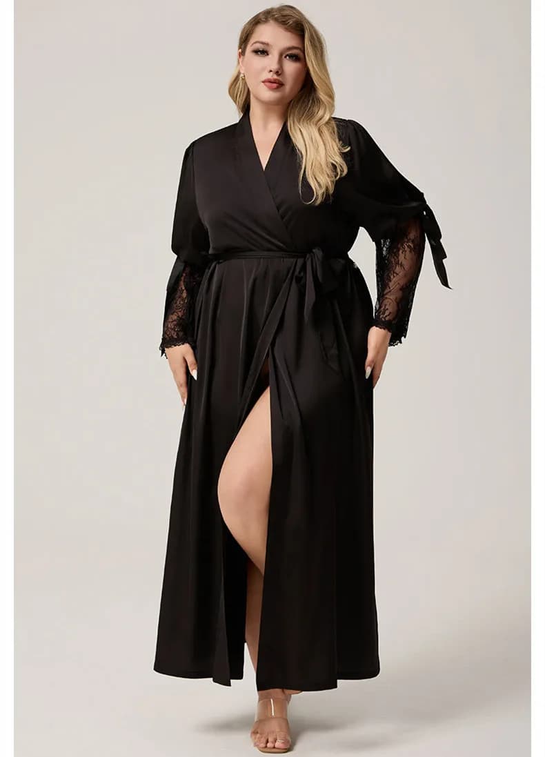 Accappatoio in raso di seta nera con retro sexy scollato in pizzo Kimono Accappatoio Primavera Estate Donna Indumenti da notte Abbigliamento per la casa