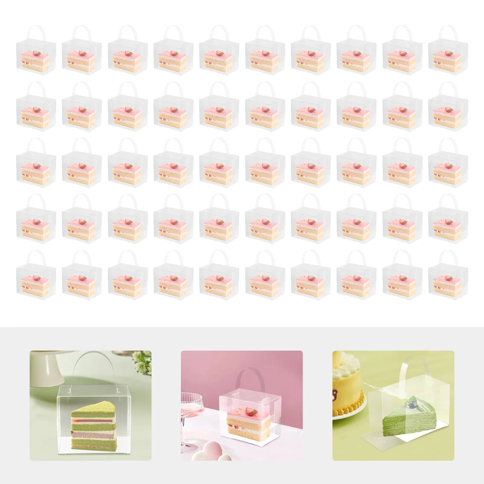 Set di 50 Scatole Trasparenti per Torte, Contenitori in Plastica con Coperchio e Manico 4.7x3.9x3.15" per Cupcake, Biscotti, Feste