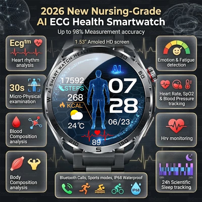 Nuovo Smartwatch AI ECG di Grado Ospedaliero 2026 con Vetro Zaffiro da 1,53'', Monitoraggio Frequenza Cardiaca, Lipidi nel Sangue, Acido Urico e Chiamate Bluetooth