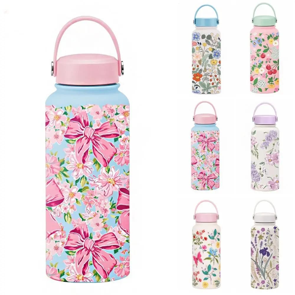 INS Insulated Water Bottle Portable Stainless Steel Outdoor Insulated Mug Large Capacity Leak-proof Floral Thermal Cup Travel