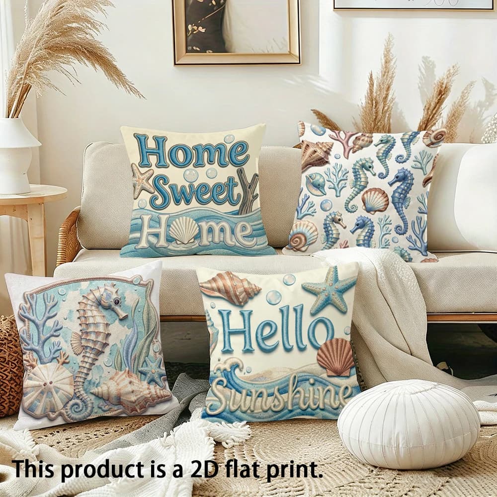 Fodera per cuscino Coastal in poliestere stampato 45x45 cm, decorazione per divano e letto, motivo Home Sweet Home Hello Sunshine