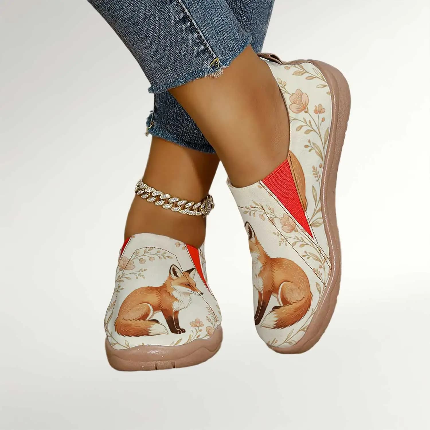 Scarpe Slip-On da Donna con Stampa Volpe, Punta Larga, Leggere e Traspiranti per Uso Quotidiano