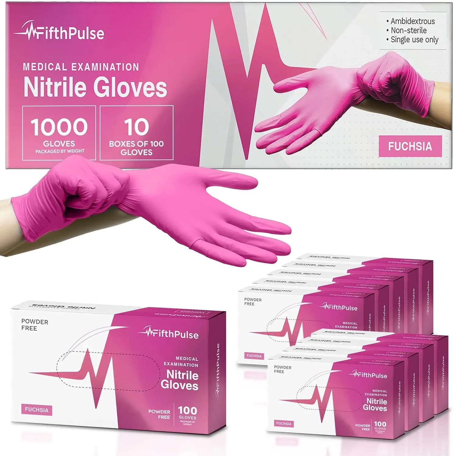 Guanti Monouso in Nitrile Rosa Fucsia - 3 Mil, Senza Polvere e Senza Lattice per Esami Medici