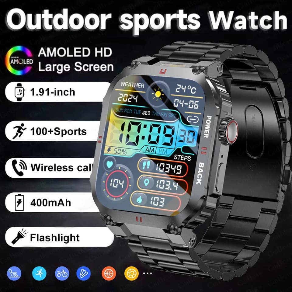2025 Nuovo Militare Astuto Della Vigilanza Degli Uomini 1.91 "HD AMOLED Schermo Bluetooth Chiamata Salute Orologi Sportivi Orologio Fitness Torcia Elettrica Smartwatch