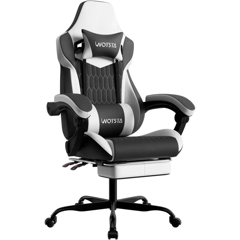 Sedia da Gaming Ergonomica con Schienale Alto, Supporto Lombare Regolabile e Rivestimento in Pelle PVC, Adatta per Ufficio/Casa (Nero/Bianco)