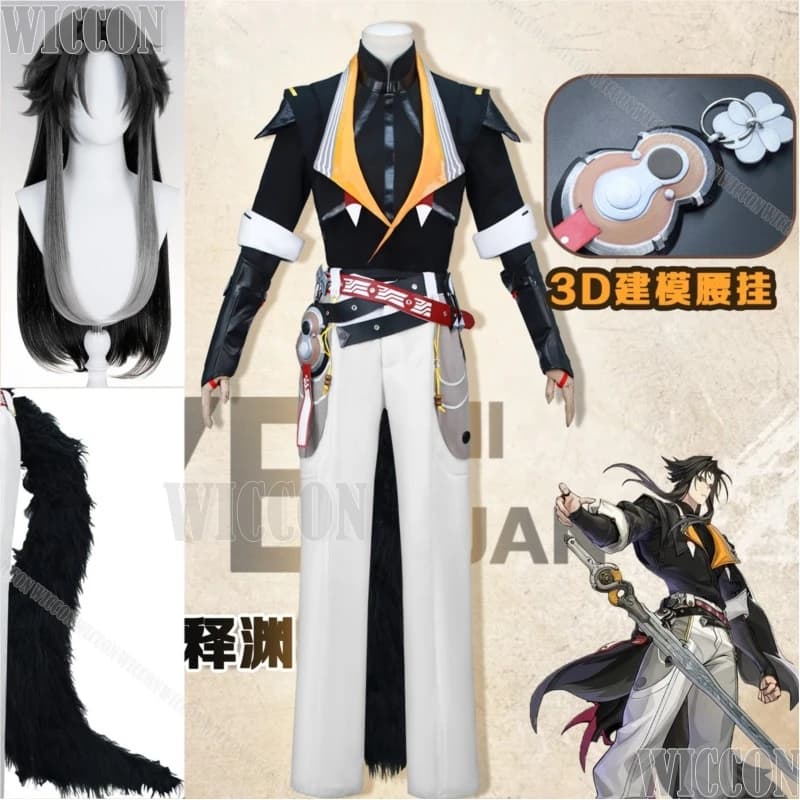 Costume Cosplay Zenless Zone Zero of Ye Shiyuan, Top Black, White Pants, Dress, Long Wig, Accessories, Long Black Coda, for Halloween party