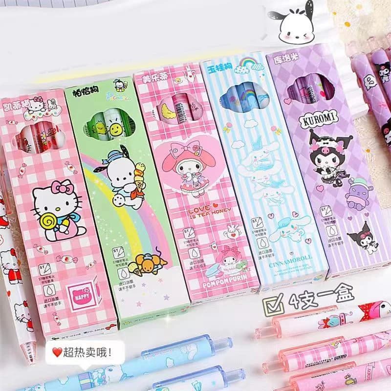 Set di 4 Penne Gel Anime Hello Kitty, Inchiostro Nero a Rapida Asciugatura, Kuromi Cinnamoroll, Penna a Sfera 0.5mm, Cancelleria per Studenti, Regali