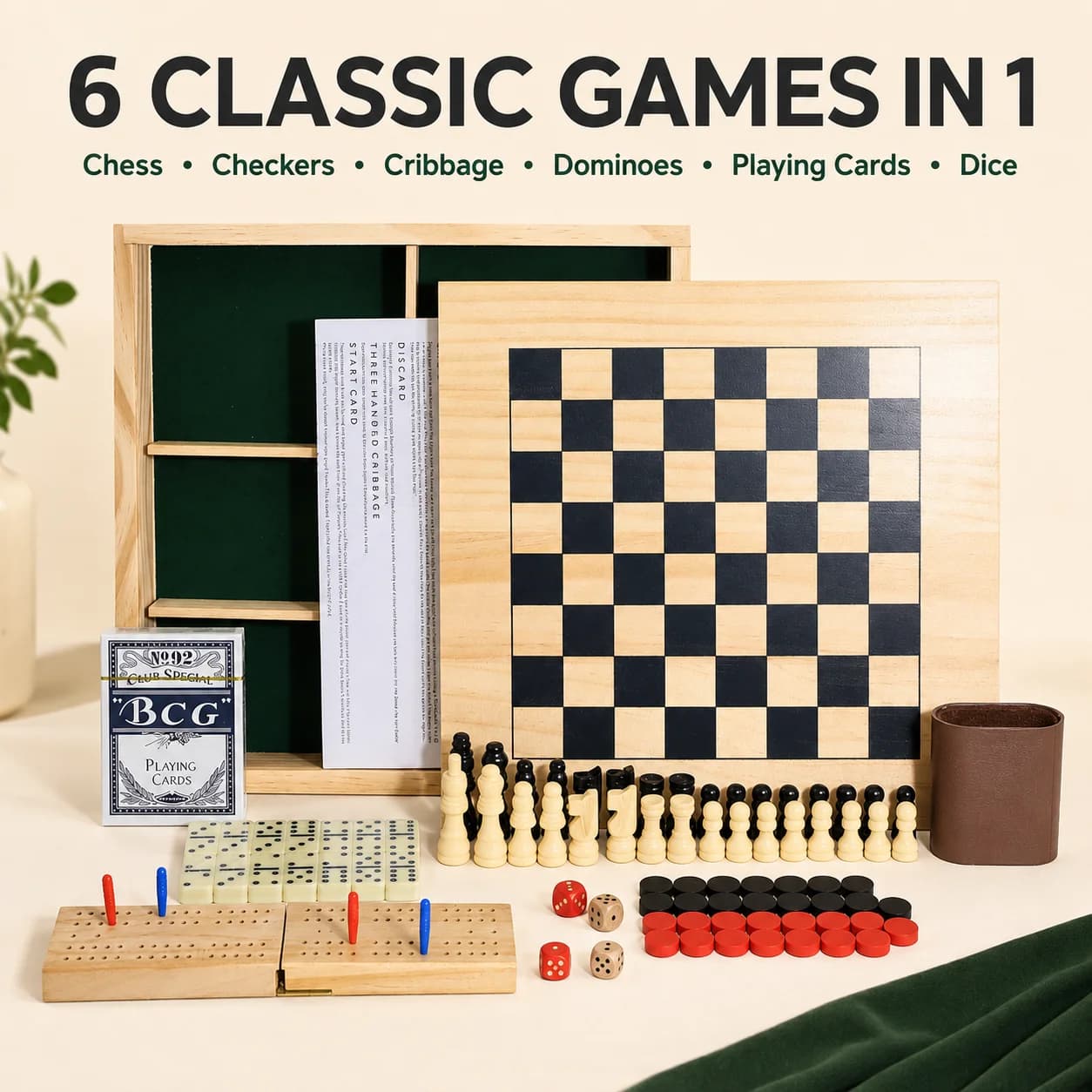 6 in 1 Wooden Board Game Set Chess Checkers Cribbage Dominoes Playing Cards Dice Family Party Game for Kids Adults Gift