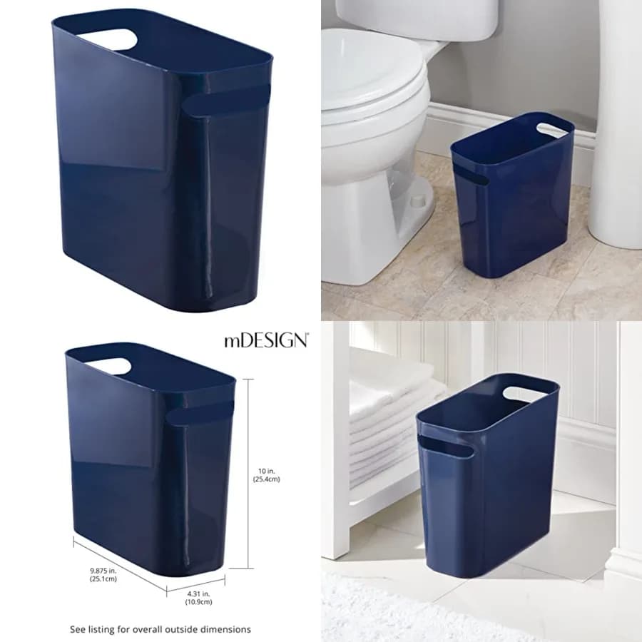 Cestino per Rifiuti in Plastica, 5,7 Litri, Bidone Stretto con Manici per Bagno, Lavanderia, Ufficio - Per Rifiuti e Riciclo, Altezza 25 cm, Collezione Aura, Blu Navy