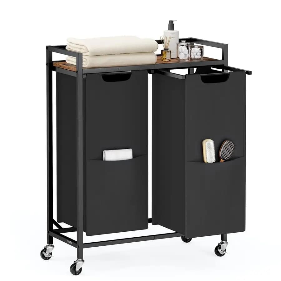 Separator for Bucato, 29 Gallons. Basket of 110 L with 2 compartments, Trolley with Wheels, shelf, Removable bags, Pocket