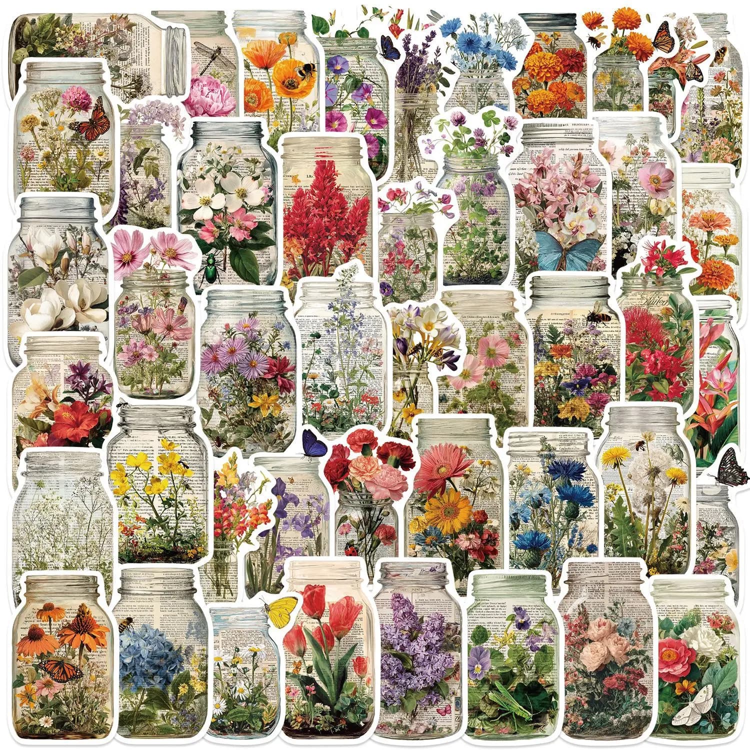 50/100 Pezzi Adesivi Decorativi Retrò con Fiori e Bottiglie, Impermeabili per Chitarra, Quaderni, Valigie, Fai-da-Te