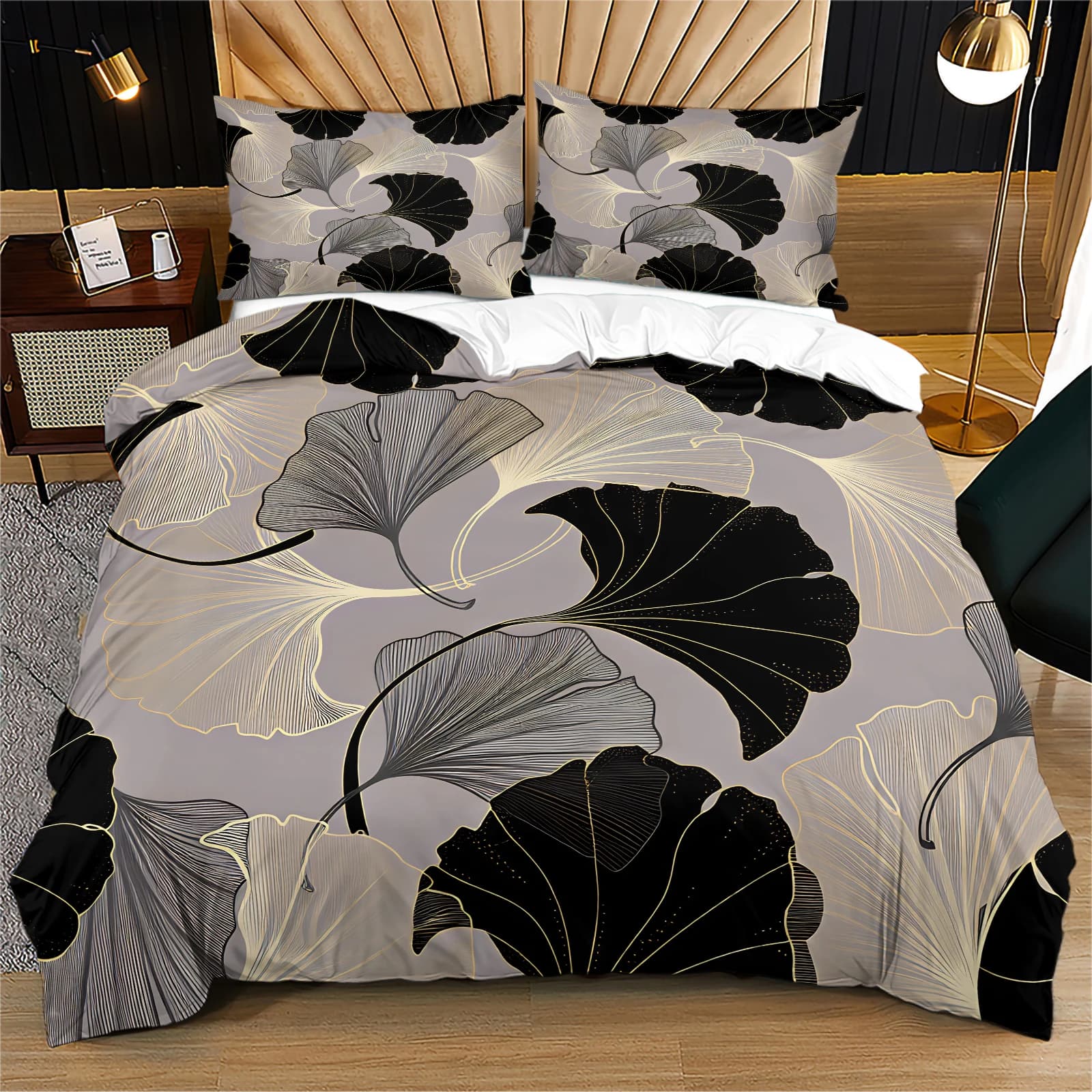 Solid Muted Gray Luxury Gold Outline Ginkgo Leaf Duvet Cover 2/3Pcs Set All Season Modern Minimalist Novelty Bed Set