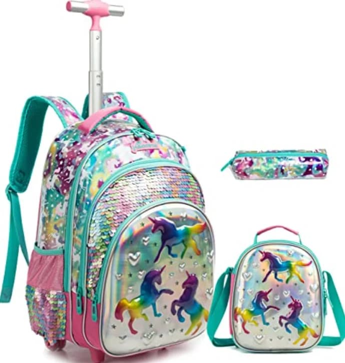 School Wheeled Backpack lunch bag set school bag with wheels School Rolling Backpack bag for girls School trolley backpack bags
