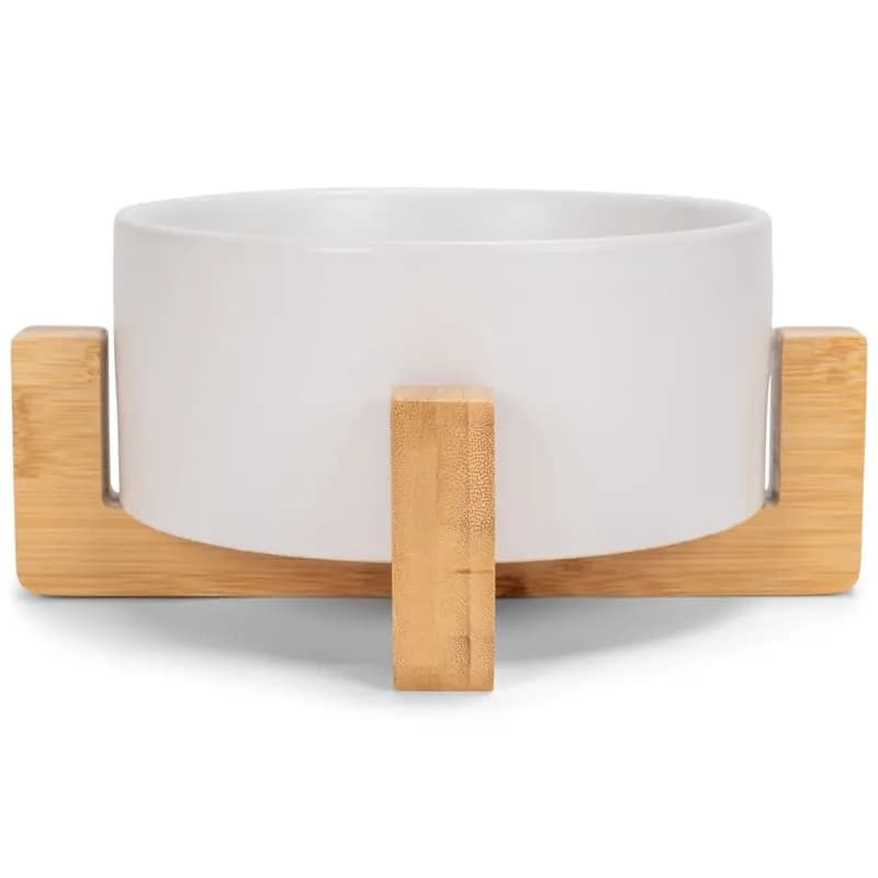 AB66-Cat Dog Compatible Deluxe Small White Stoneware And Wood Pet Bowl Water& Food Bowl With Stand