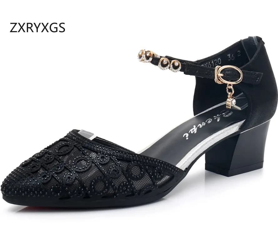 ZXRYXGS Summer 2026 Premium Microfiber Mesh Rhinestone Fashion Sandals Women's Fashion Sandals Banquet Shoes Mid Heels Plus Size