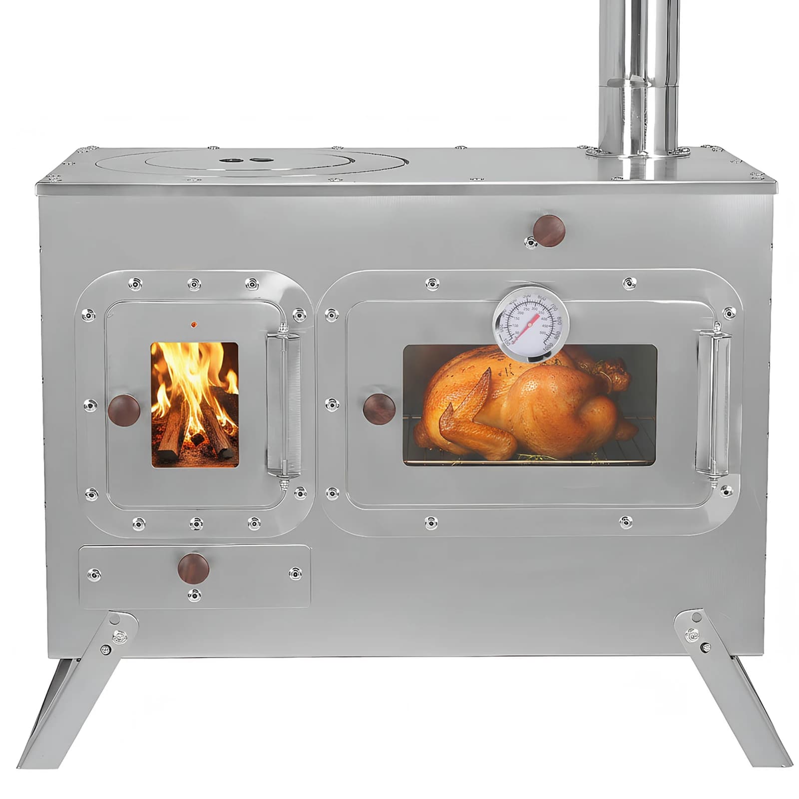 Portable Camping Stove with 4 Waste Tubes, Stainless Steel Wood Stove for Heating and Open Kitchen, Ice Fishing, Hunting