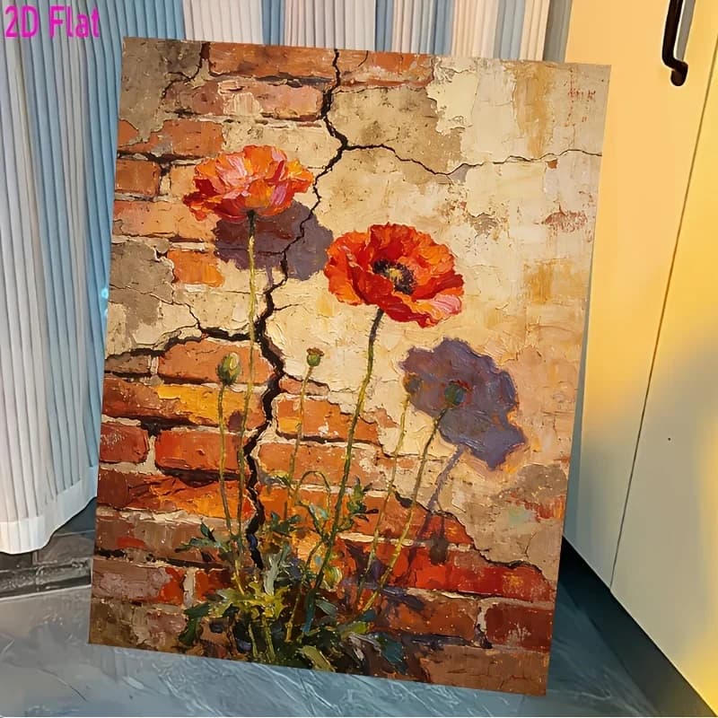 Professional Art Use 2D Flat, 1 Set of Adult DIY Paint by Numbers Kit, "Red Poppies on a Brick Wall," Includes Acrylic Paints, C