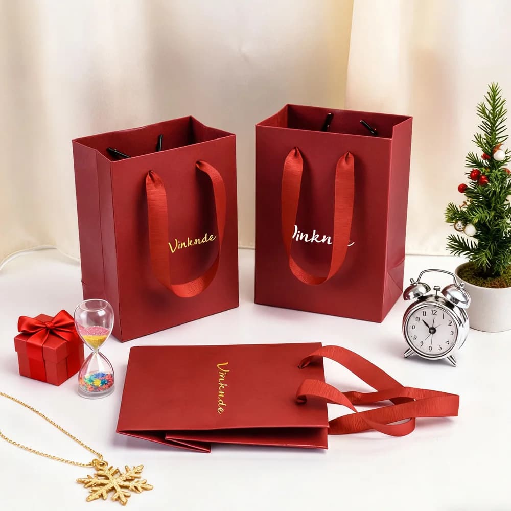 Borsa tote di carta con logo Sacchetti di carta kraft verde rosso personalizzato con manico Confezione di candele per rossetti di gioielli di San Valentino di Natale